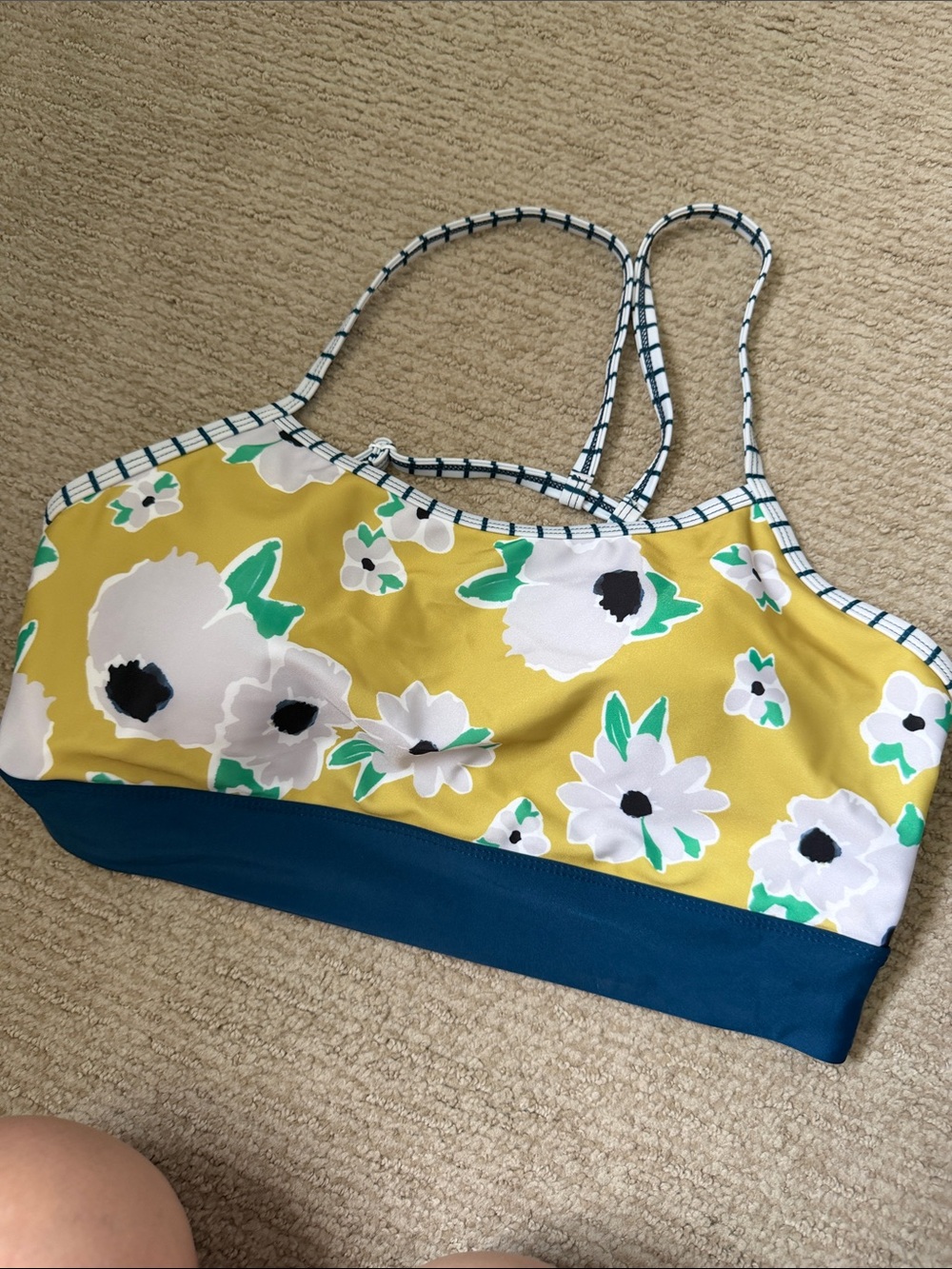 Yellow Floral Bikini Top with Teal Band